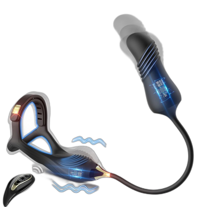 Command 3 in 1 Vibrating Cock and Ball Sling with Thrusting Butt Plug