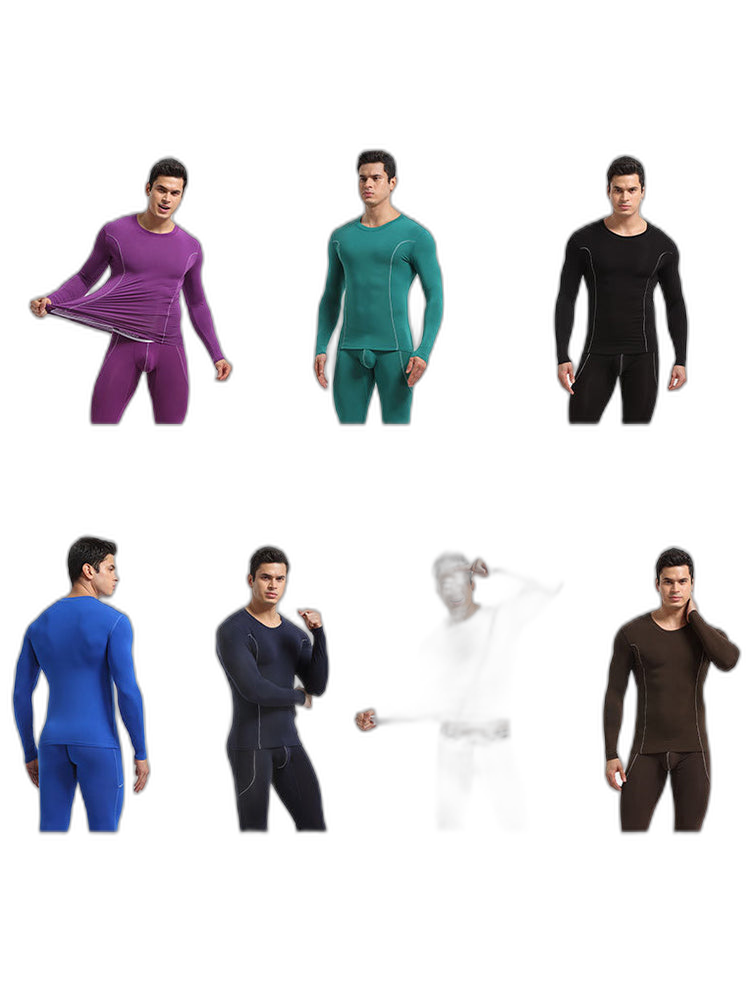 Men's Round Neck Solid Color Bamboo Fiber Thermal Underwear Set