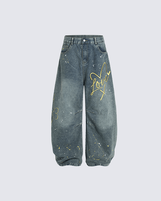 Graffiti Print Elastic Cuff Baggy Jeans