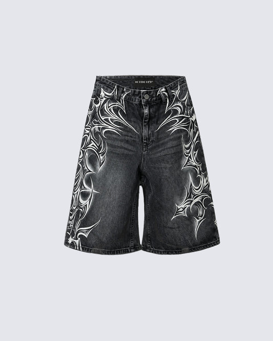 American Vintage Washed Tribal Print Denim Shorts