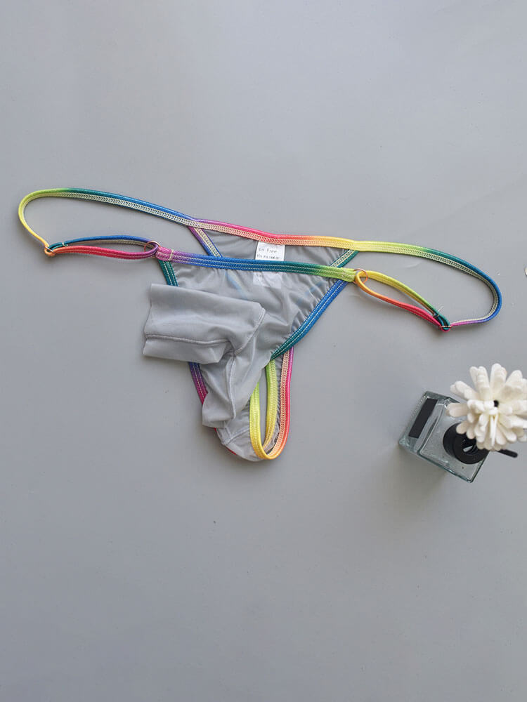 Men's Sexy Rainbow Trim Sheer Open Pouch Thong