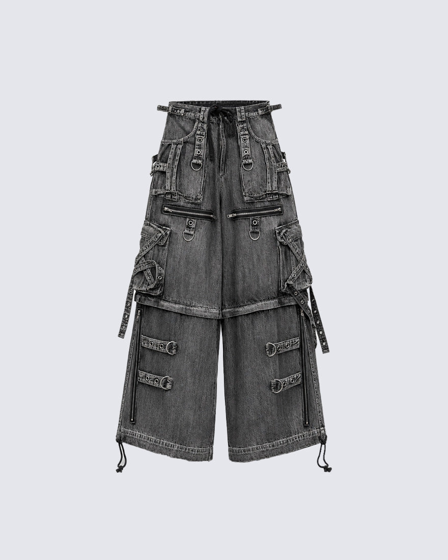 Denim Cargo Pants with Multiple Straps and Zippers