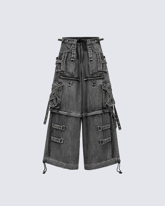 Denim Cargo Pants with Multiple Straps and Zippers