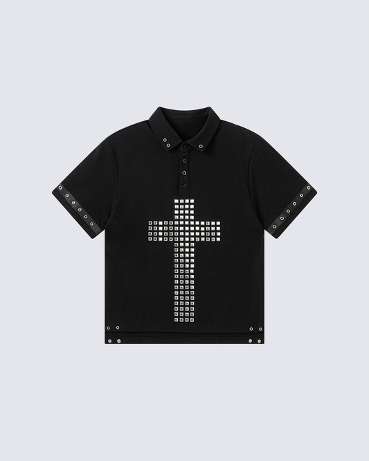 Dark Gothic Studded Cross Cropped Polo Shirt New