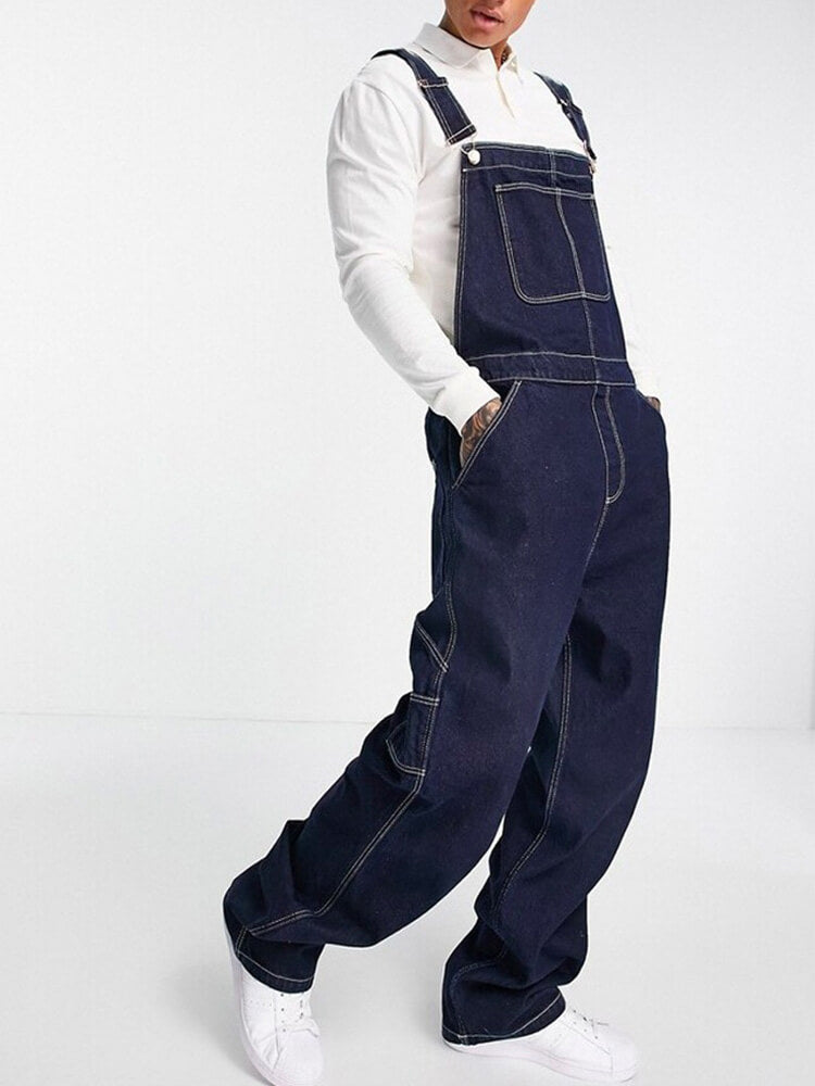 Men's Retro Splicing Loose Denim Overalls