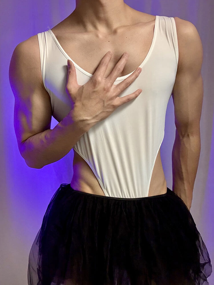 Men's Sexy Solid-Color Backless Bodysuit Tutu Skirt Set