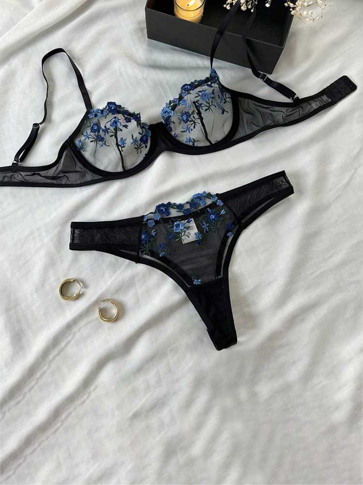 Men's Sexy Floral See-Through Mesh Bra Briefs Set