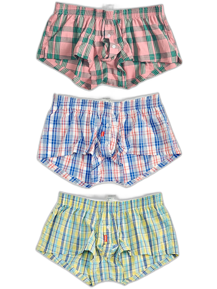 3 Pack Men’s Plaid Cotton Trunks with Button Fly