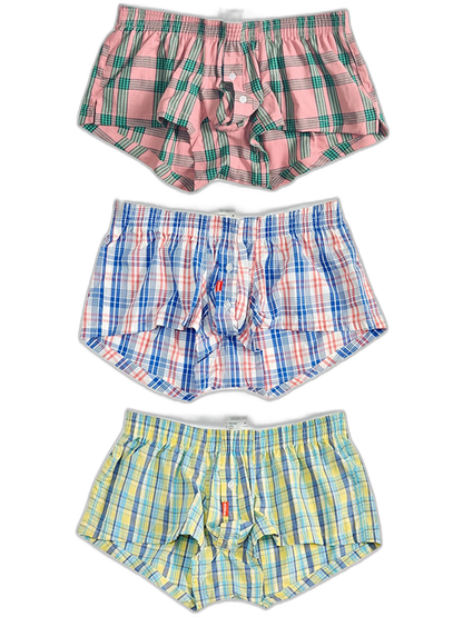 3 Pack Men’s Plaid Cotton Trunks with Button Fly