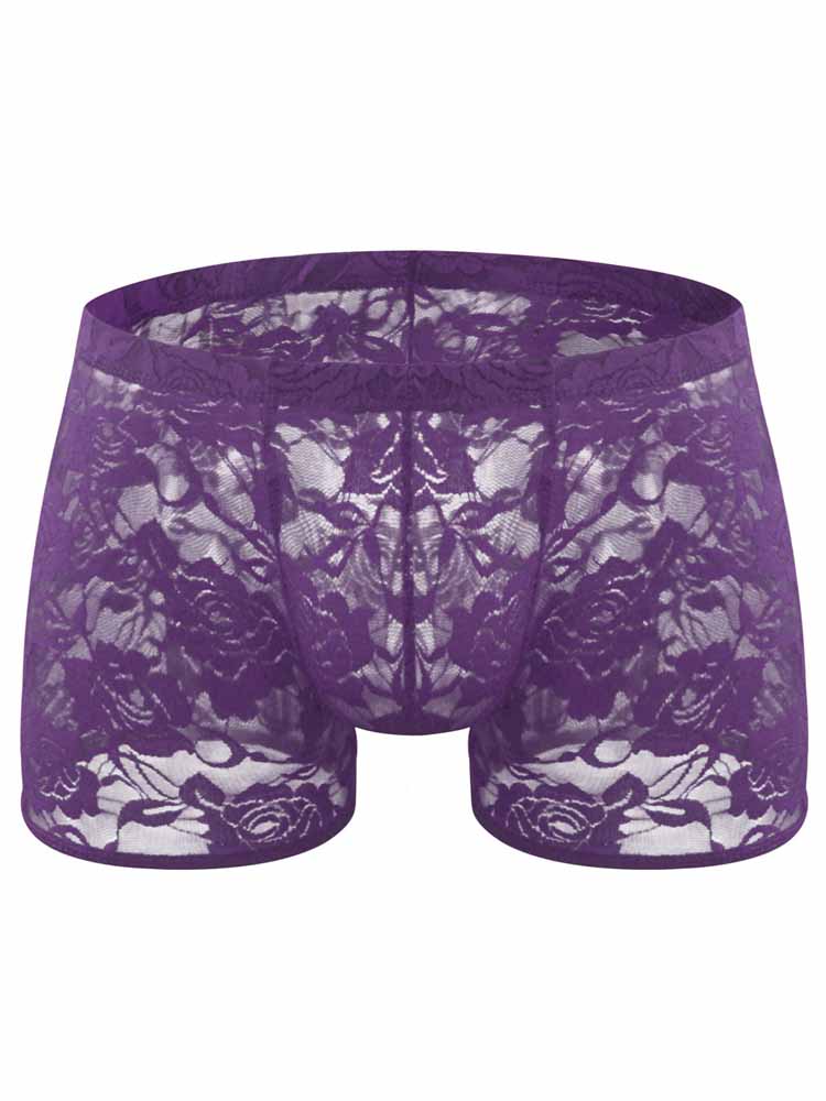 Men's Low Waist Rose Lace See-Through Trunks