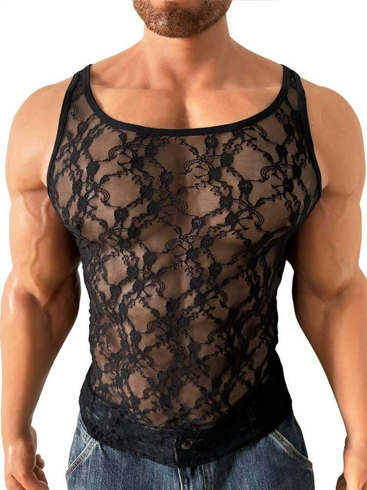 Men's Sexy See-Through Lace Sleeveless Vest