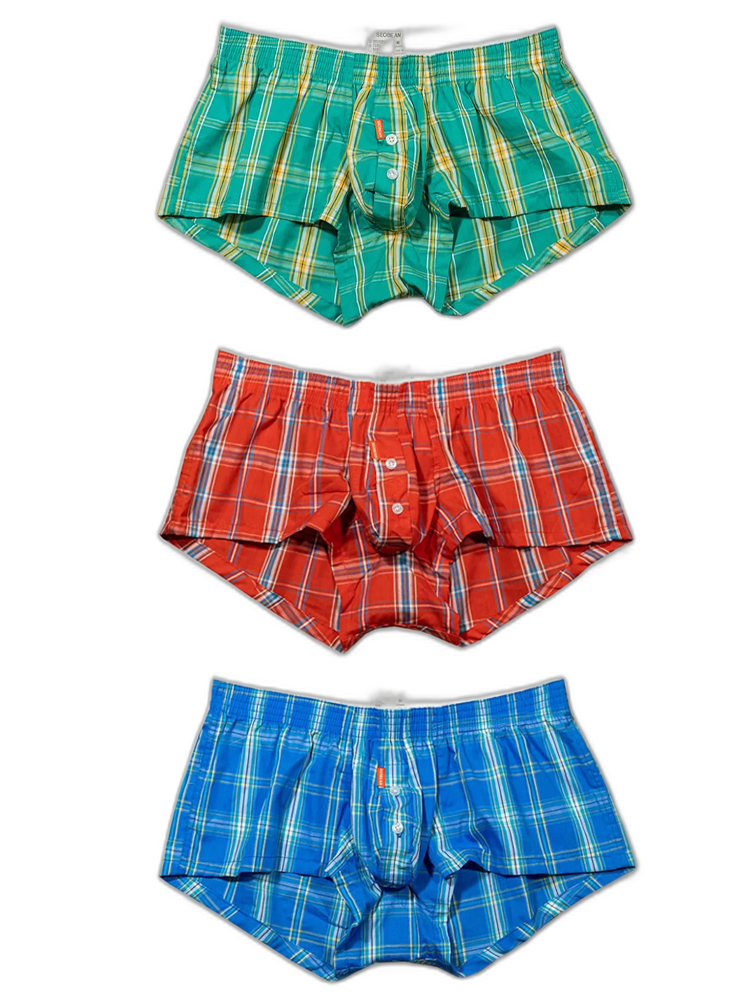 Men's Classic Plaid Cotton Trunks With Button Fly