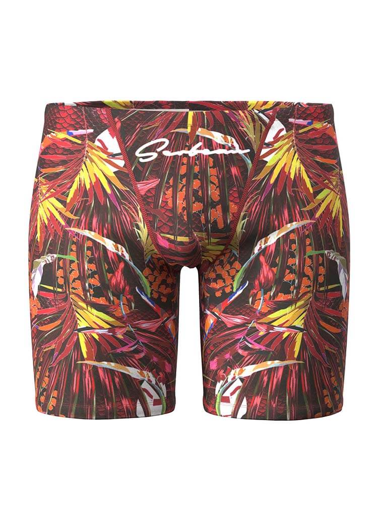 Men's Tropical Plants Print Long Swim Trunks