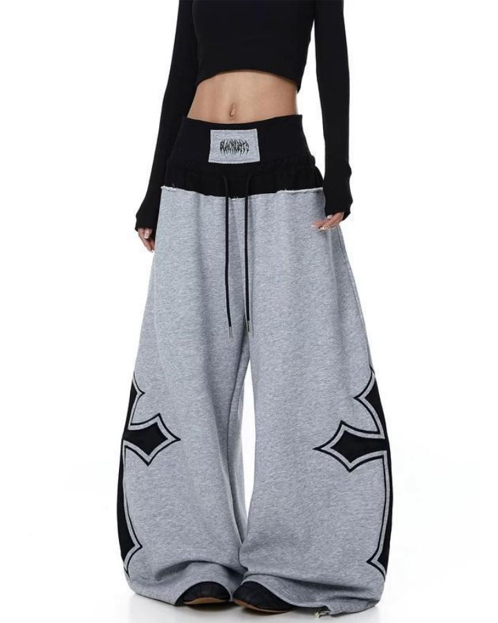 KIIKIO Y2K Color-Block Cross Pattern Baggy Pants