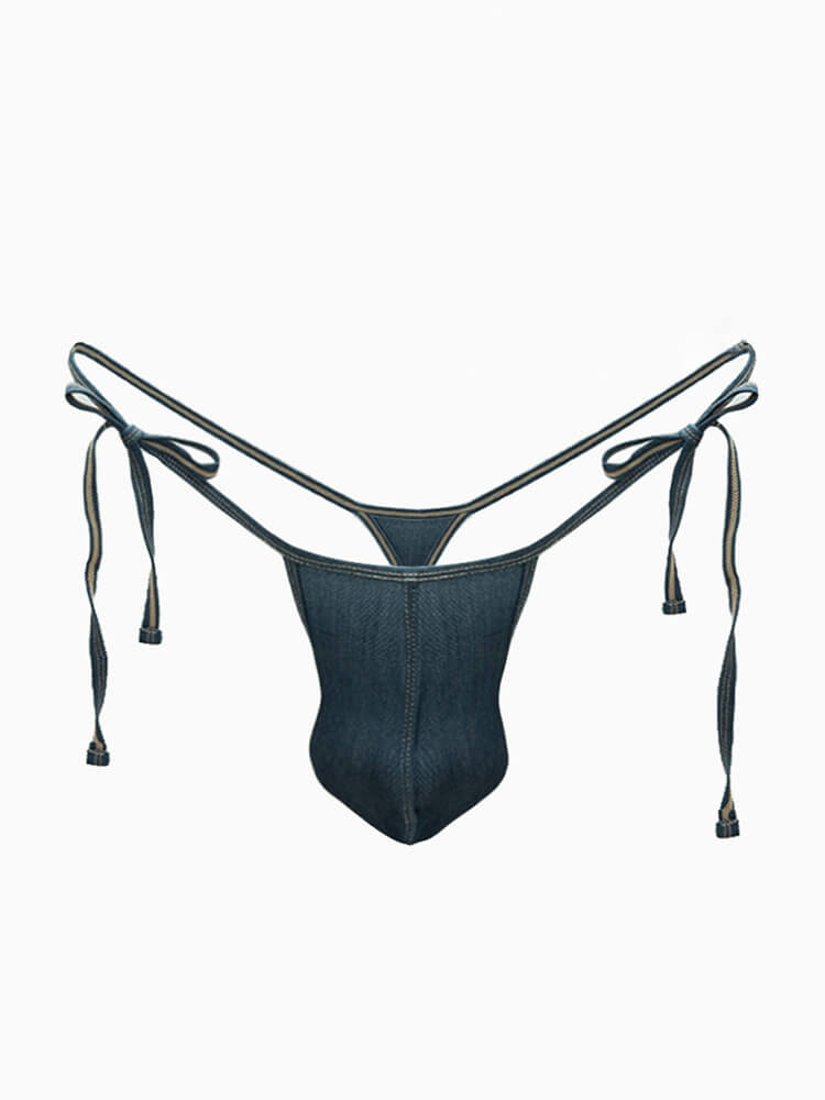 Men's Low-Rise Lace Up Denim String Thong