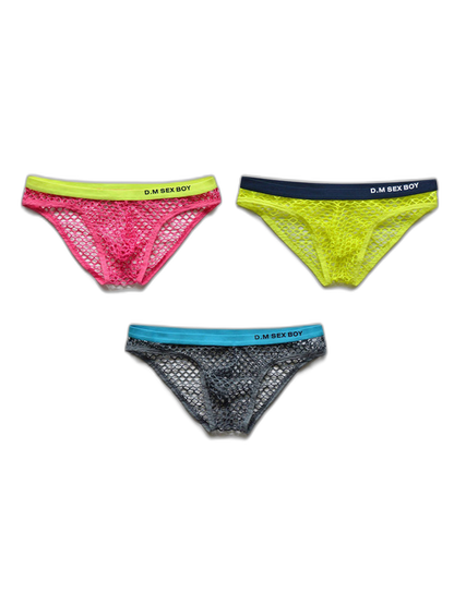 3 Pack Men's Low-Waist Sexy Big Mesh Breathable Transparent Sports Briefs