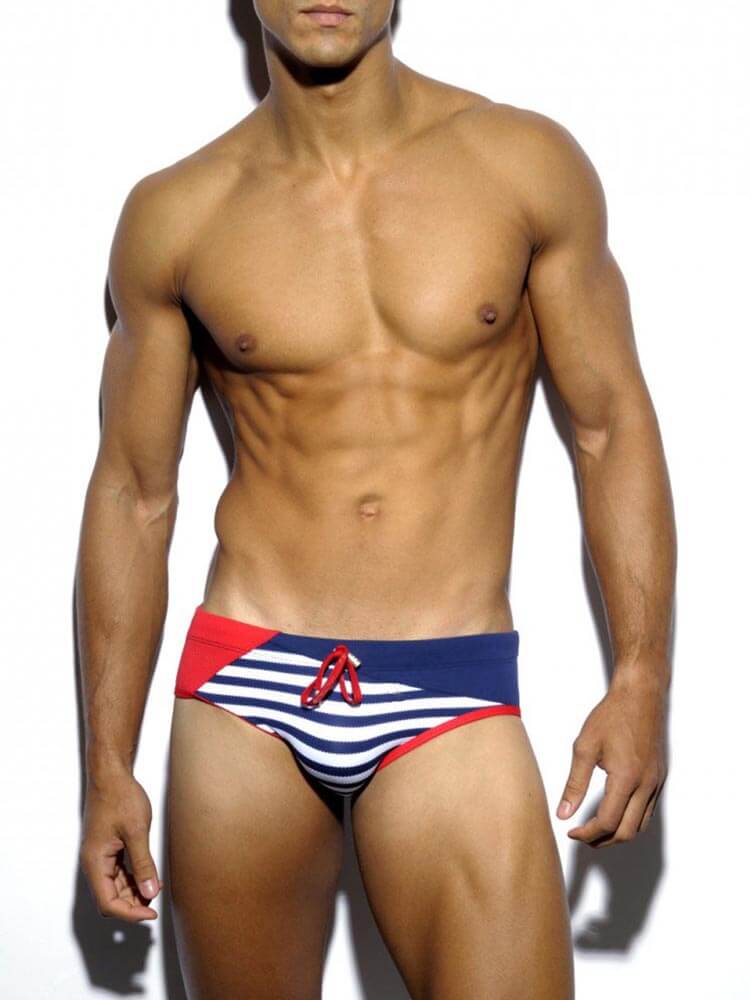 Men's Striped Colorblock Lace-Up Swim Briefs