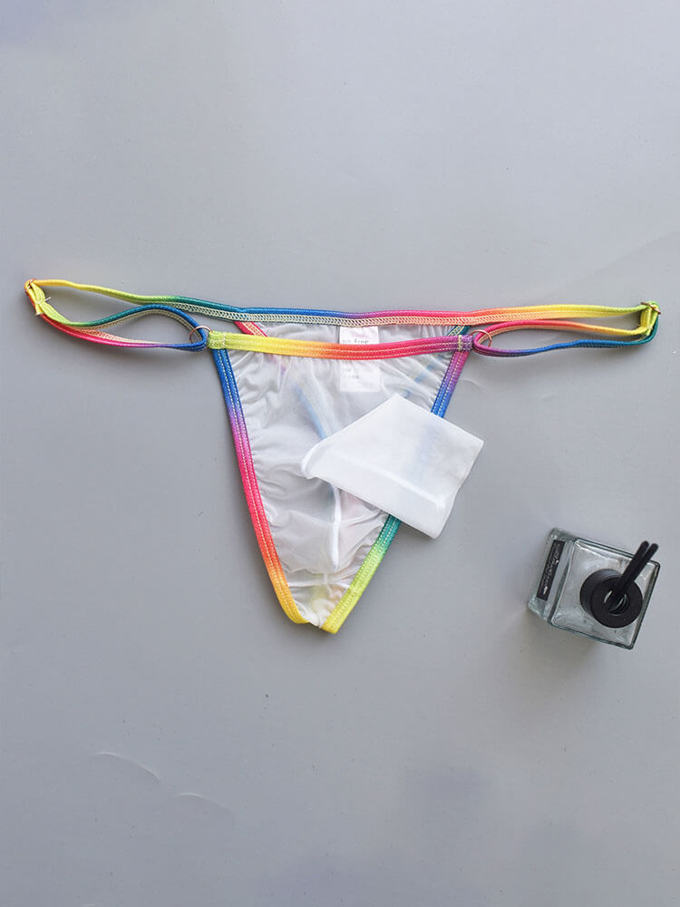 Men's Sexy Rainbow Trim Sheer Open Pouch Thong