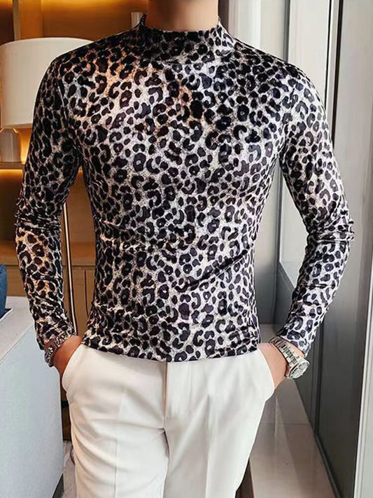 Men's Stretchy Leopard Print Long Sleeve T-Shirt 