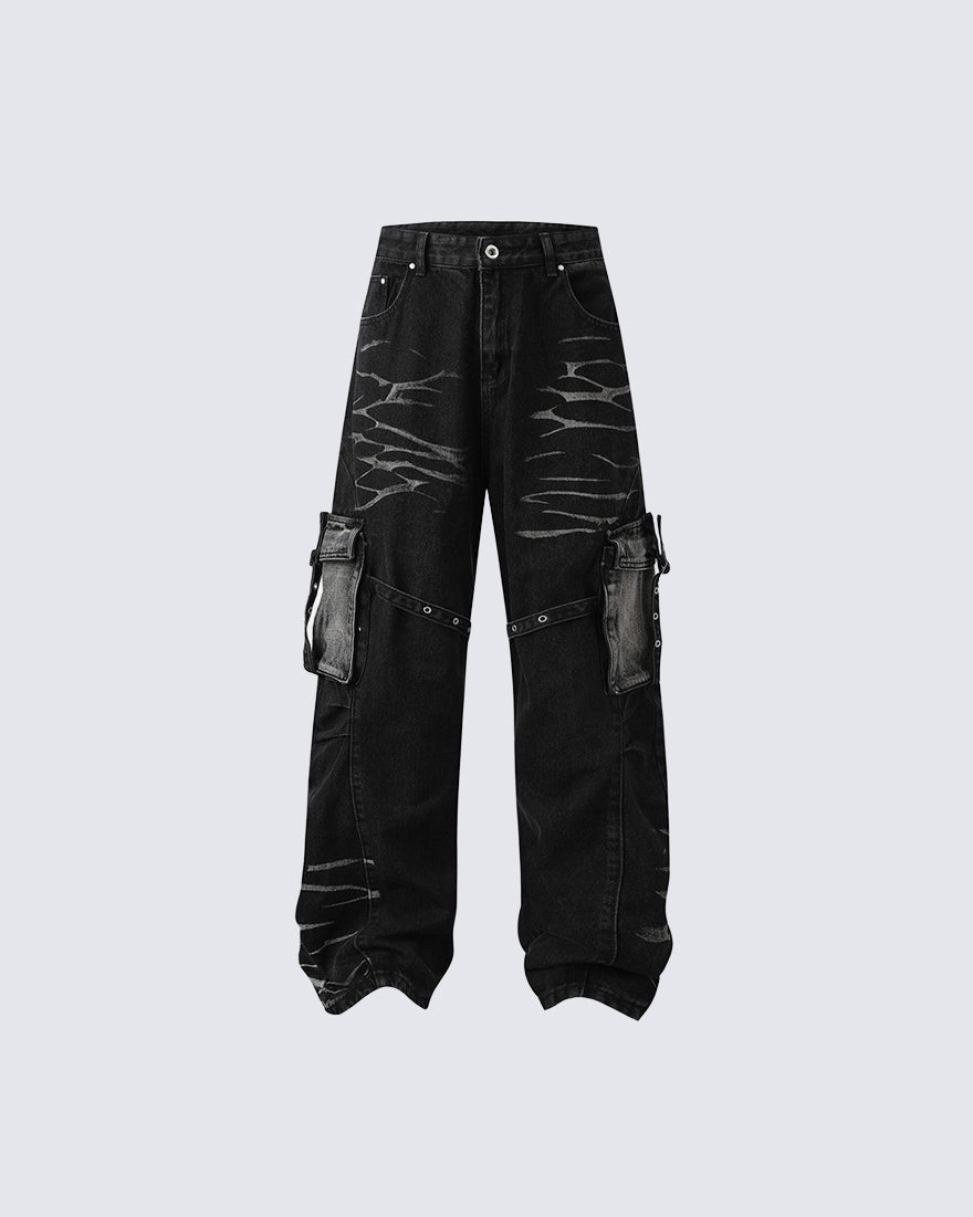 KIIKIO Gothic Strappy Cargo Wide Denim Pants