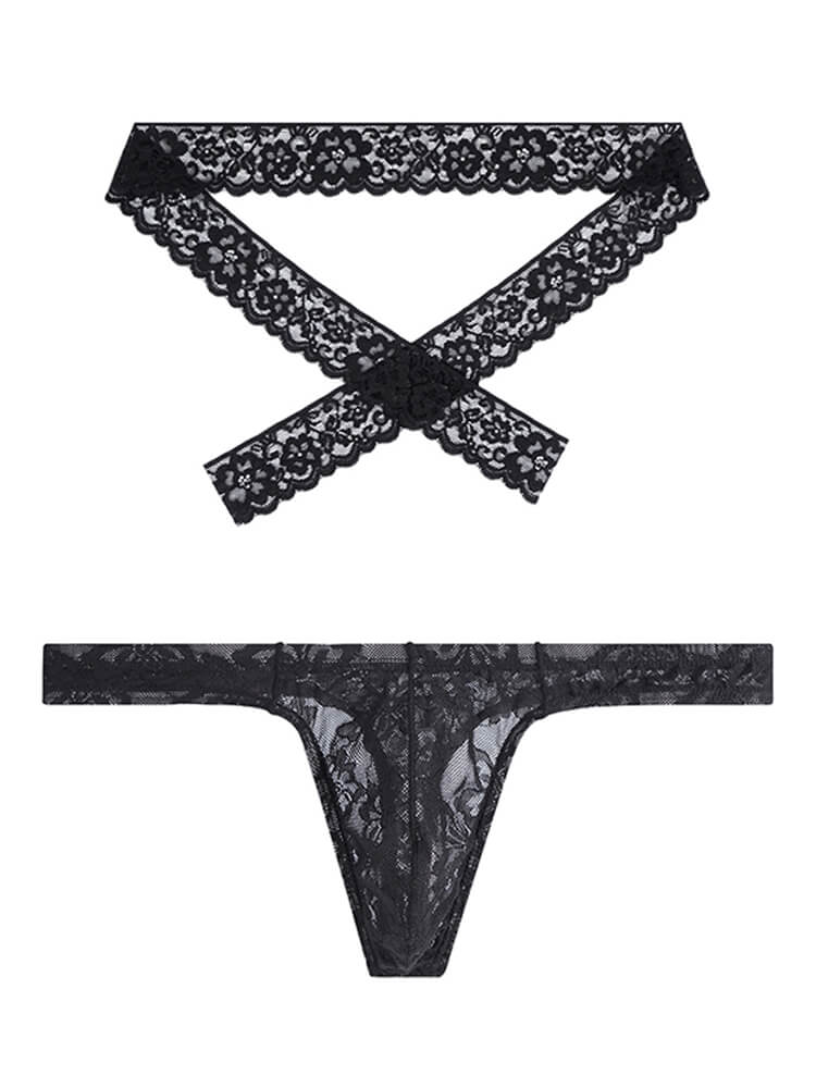 Men's Sheer Lace Multi-Way Strappy Thong Set
