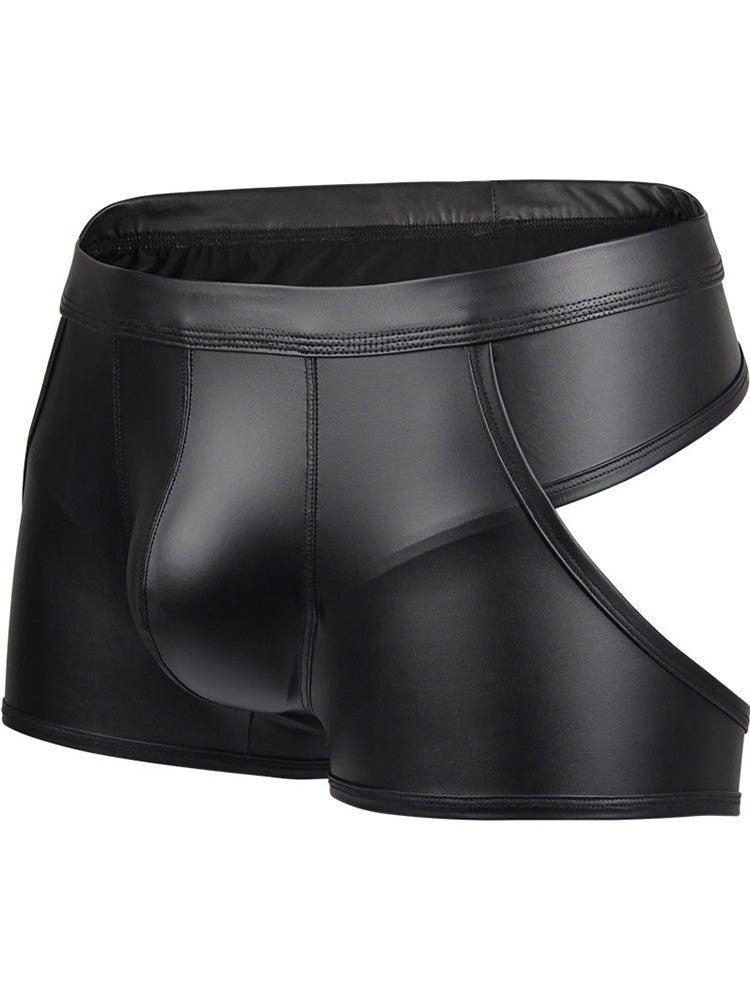 Men's Faux Leather Low Rise Sexy Back Open Boxer Briefs