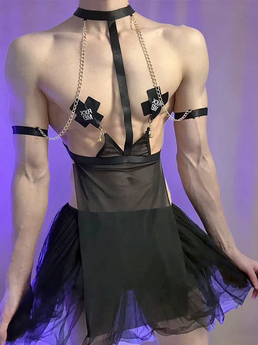 Men's Sexy Nipple Clamps Mesh Halter Dress Set