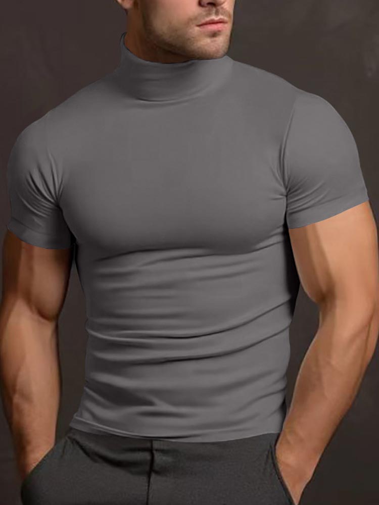 Men's Solid Color Short-sleeved High-neck T-shirt 