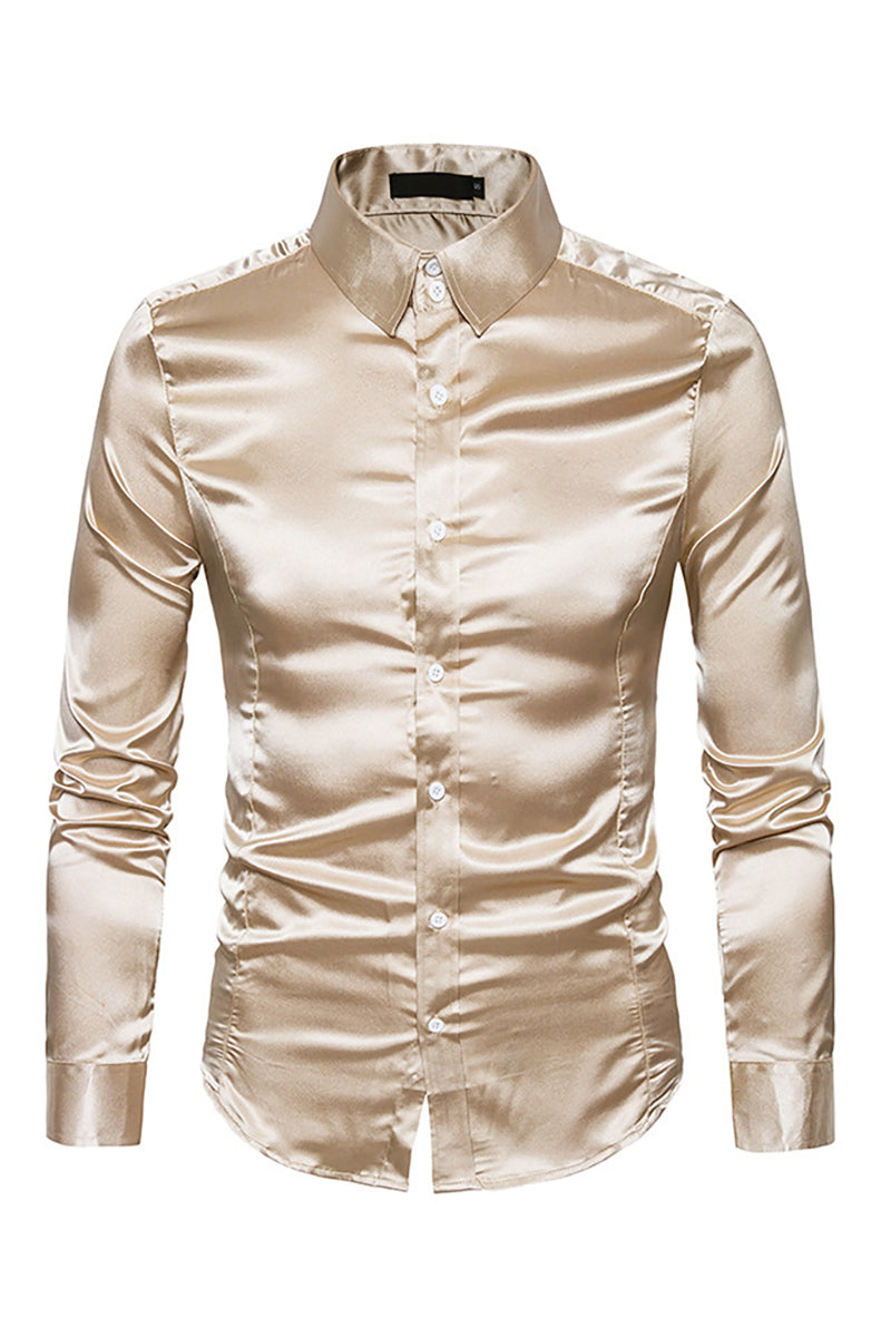 Satin Button Turndown Collar Slim Semi Formal Long Sleeve Shirt