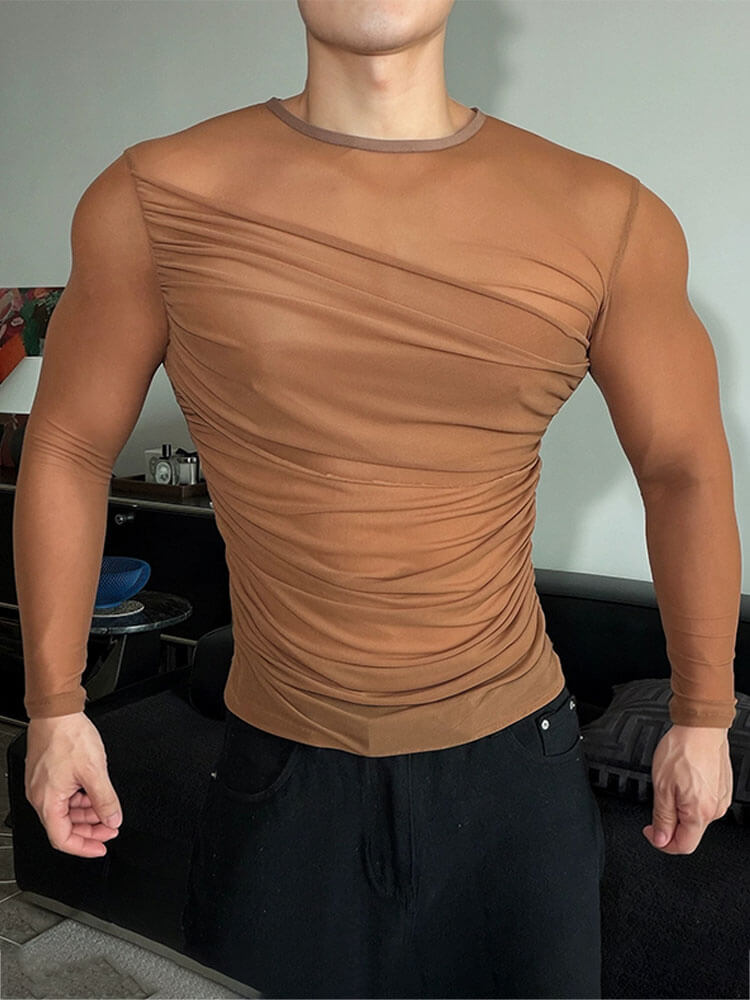 Rhinestones And Pleats Sheer Long-Sleeve Top