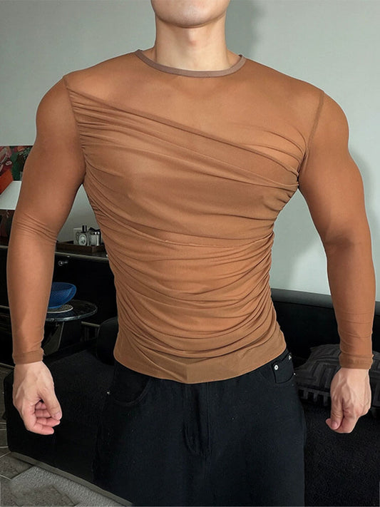 Rhinestones And Pleats Sheer Long-Sleeve Top