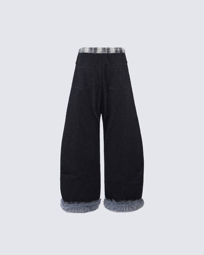 American Retro Plaid Patchwork Denim Pants