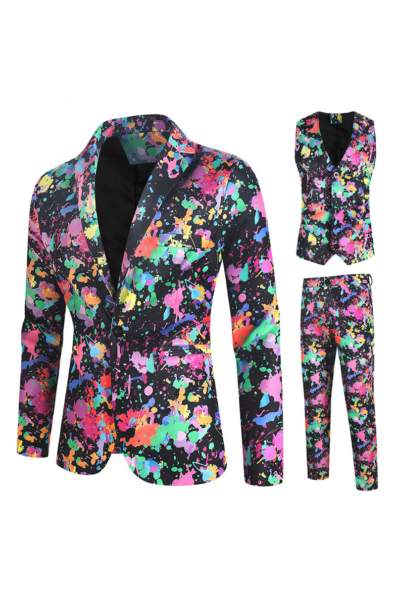 Men's Rainbow Ink-Painting Print Blazer Vest And Pants Three Piece Sets