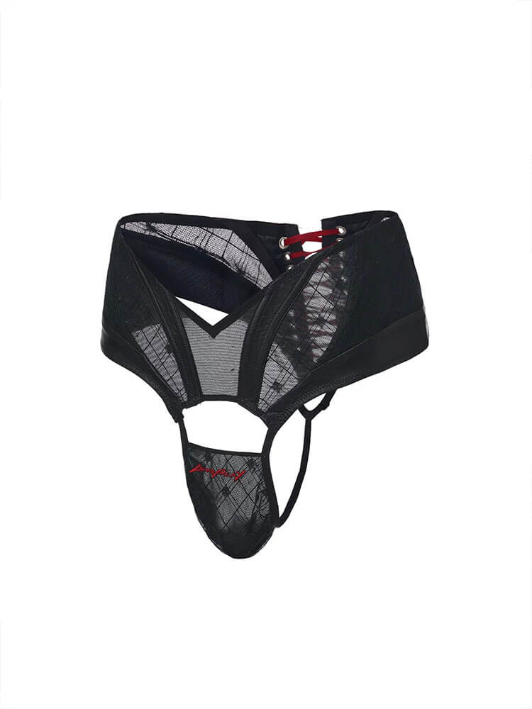 Men's Leather Mesh Panel Waist Cincher & Thong Set
