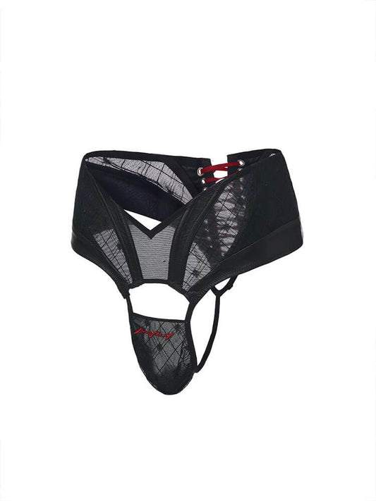 Men's Leather Mesh Panel Waist Cincher & Thong Set