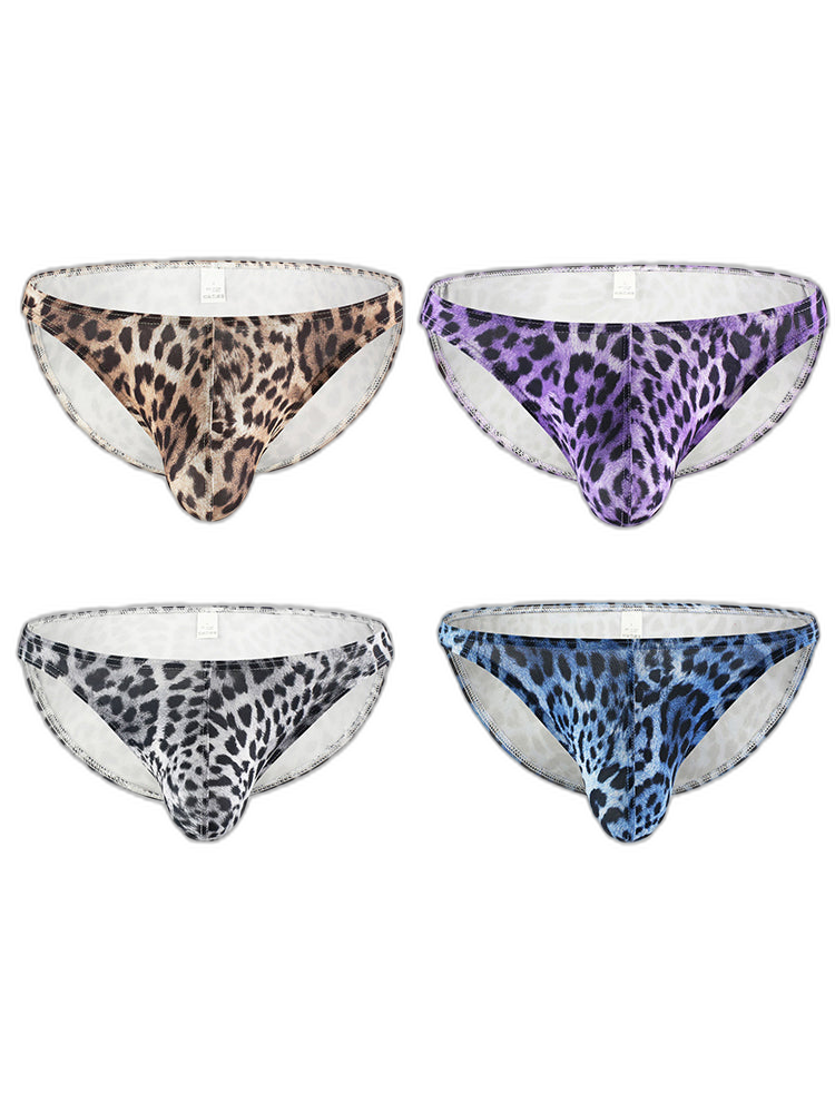 4 Pack Men's U-Convex Leopard Print Nylon Bikini