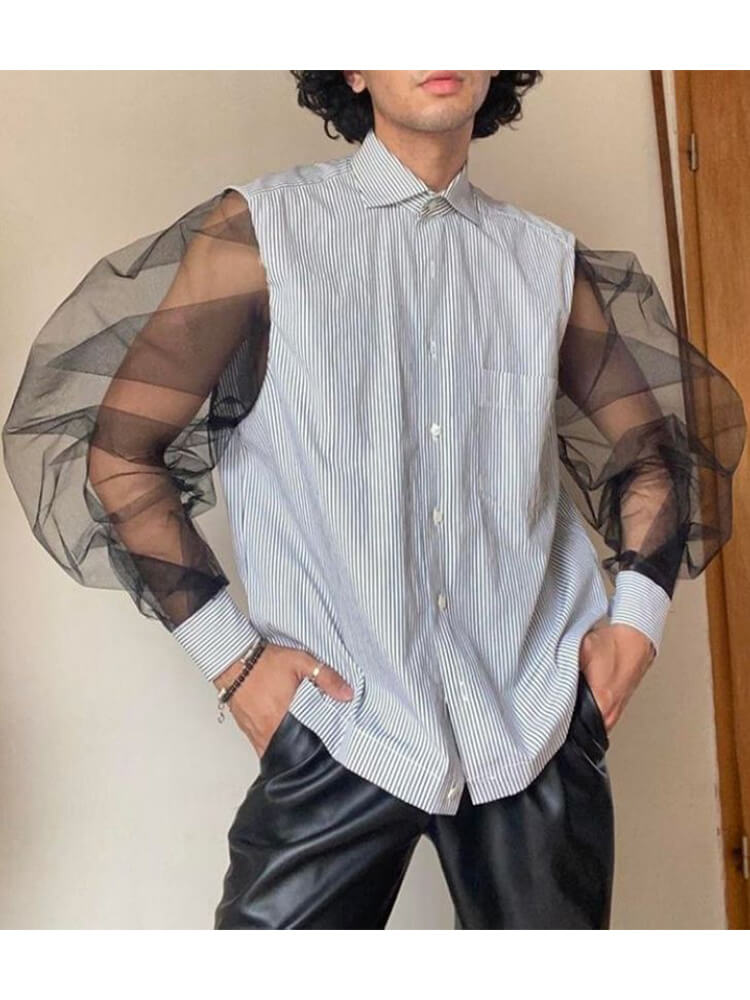 Men's Mesh Puff Sleeve Blue White Striped Shirt