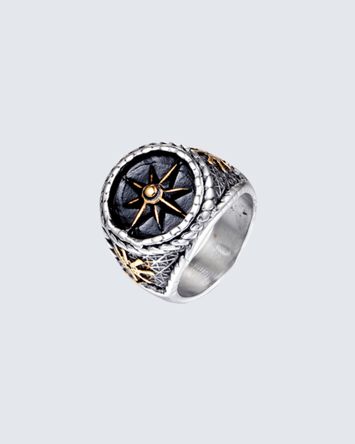 Men’s Compass Star Signet Ring – Retro Gothic Ring in Silver, Gold, or Dual-Tone