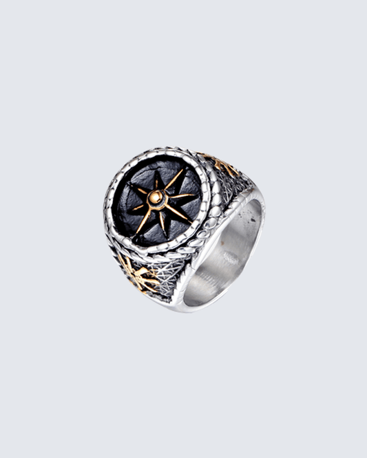 Men’s Compass Star Signet Ring – Retro Gothic Ring in Silver, Gold, or Dual-Tone