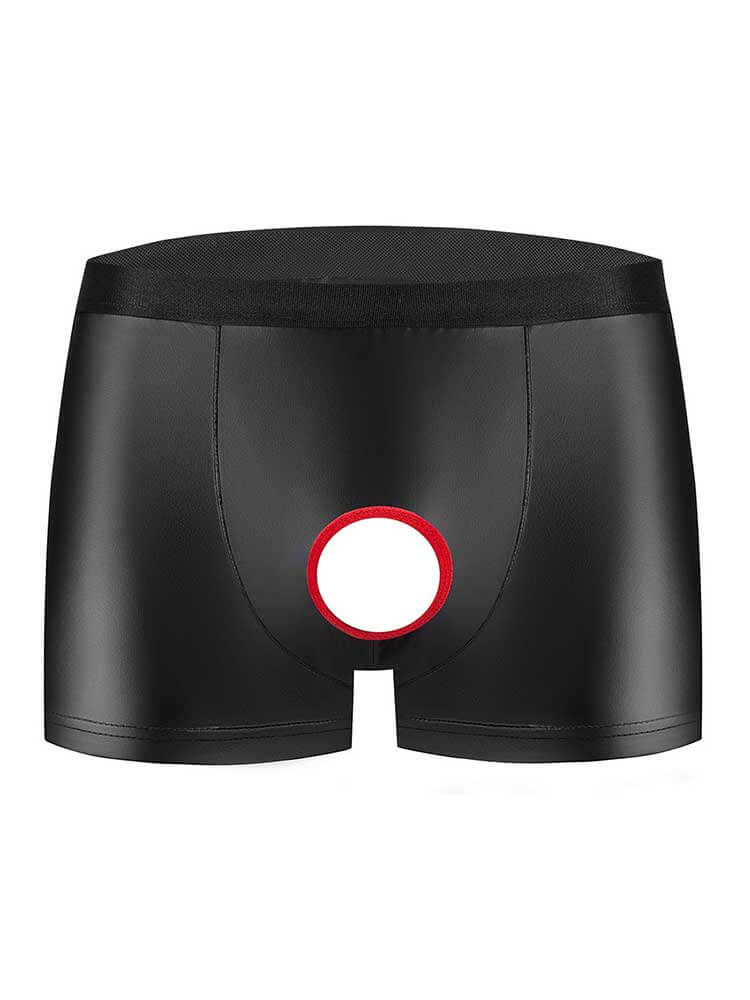 Men's Sexy Red Trim Cutout PU Leather Boxer Briefs