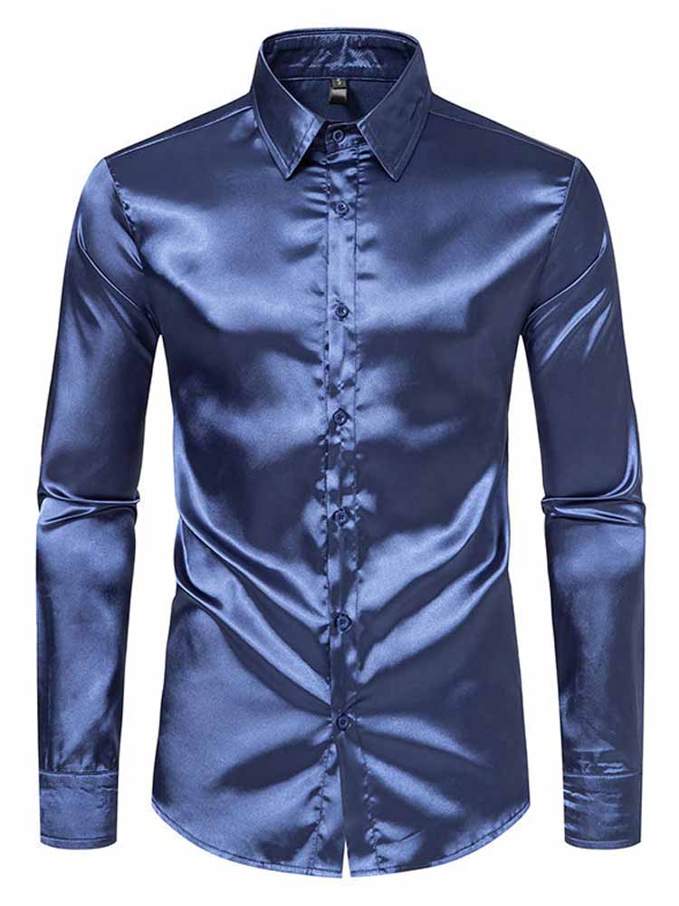Men's Lapel Satin Long Sleeve Shirt