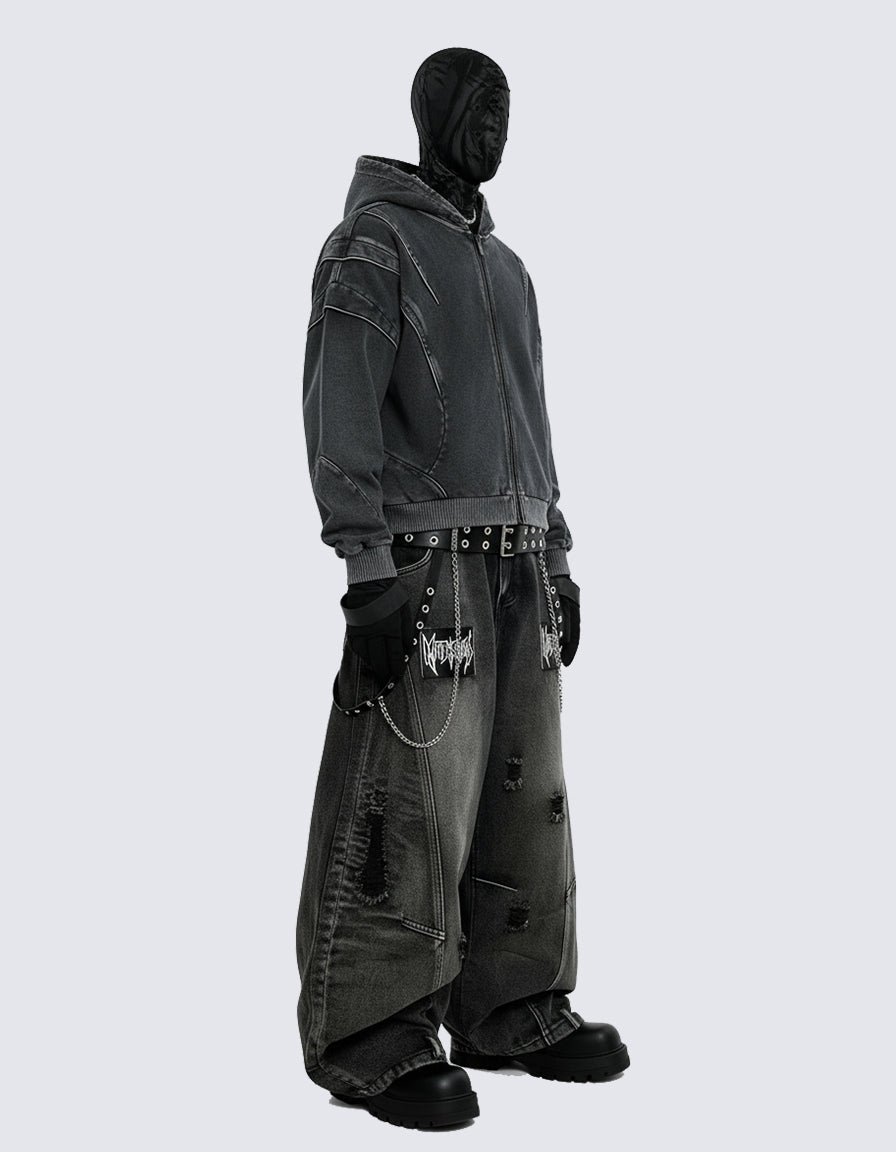 American Avant-Garde Washed Distressed Deconstructed Armor Hoodie Set