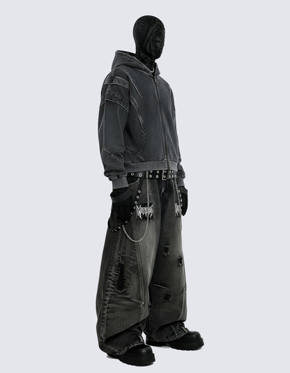 American Avant-Garde Washed Distressed Deconstructed Armor Hoodie Set
