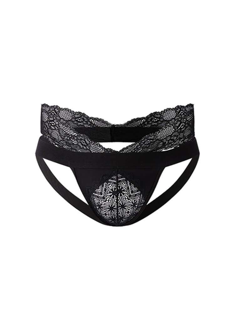 Men's Sexy Lace-Trimmed Solid Low-Rise Jockstrap