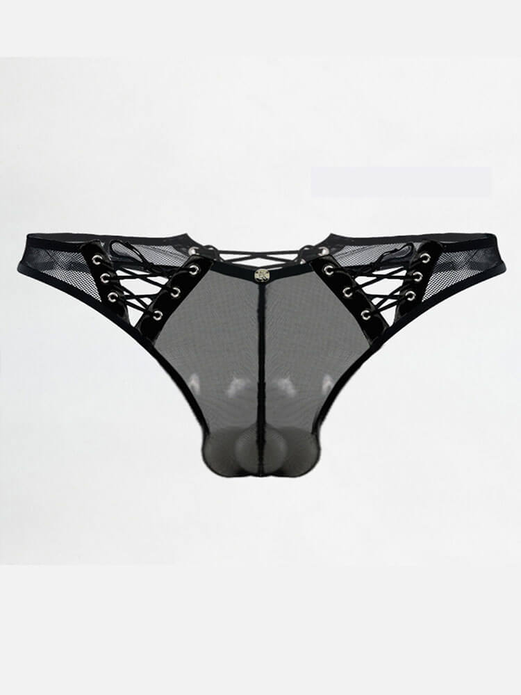 Men's Patent Leather Hollow Drawstring Thong
