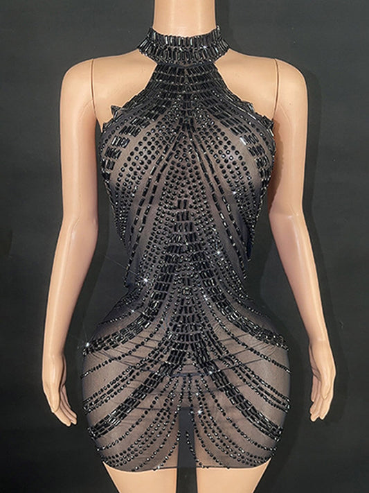 Sexy Sparkly Rhinestone Halter Neck Short Dress