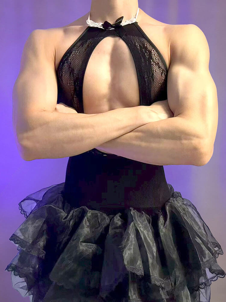 Men's Sexy Halter Bodysuit Tutu Skirt Set