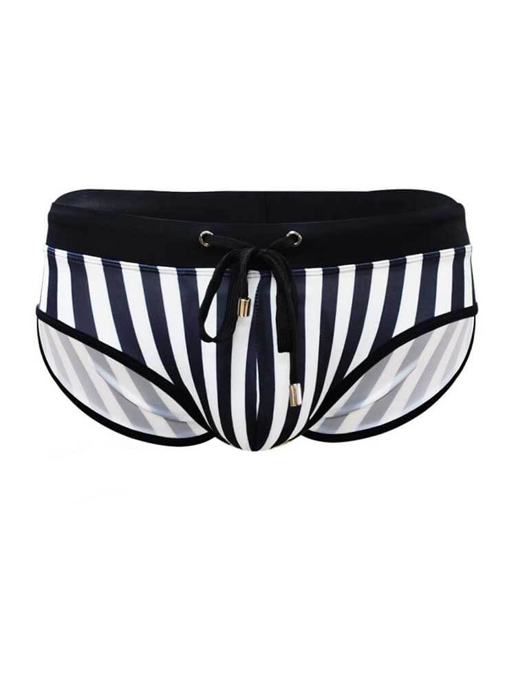 Men's Sexy Black and White Striped Drawstring Swim Briefs