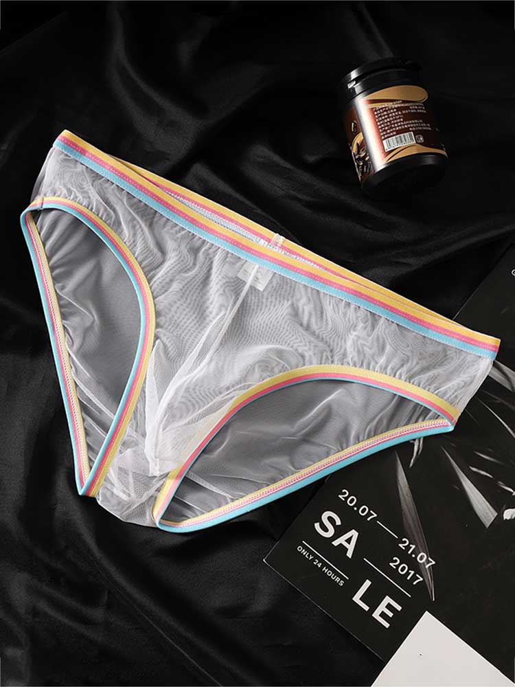 Men's Colorful Striped Belt Sexy Sheer Mesh Briefs