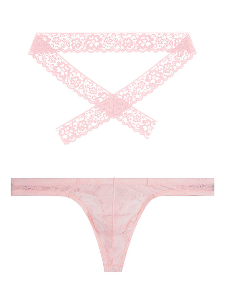 Men's Sheer Lace Multi-Way Strappy Thong Set
